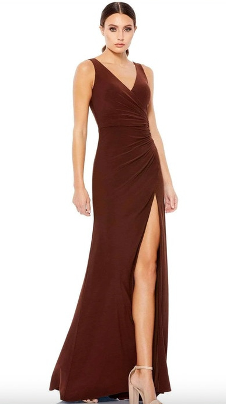 MAC DUGGAL Dress Size 4 Evening Gown NEW Chocolate Brown Faux Wrap V Neck